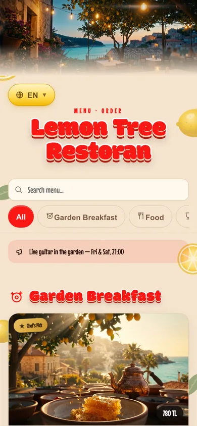 Lemon Tree Restoran QR menü ekranı